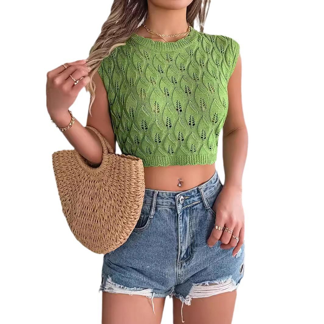 

HNXC Spring Summer Hollowed-out Leaf Crop Crop Knit Top for Women s Vacation XL зелёный