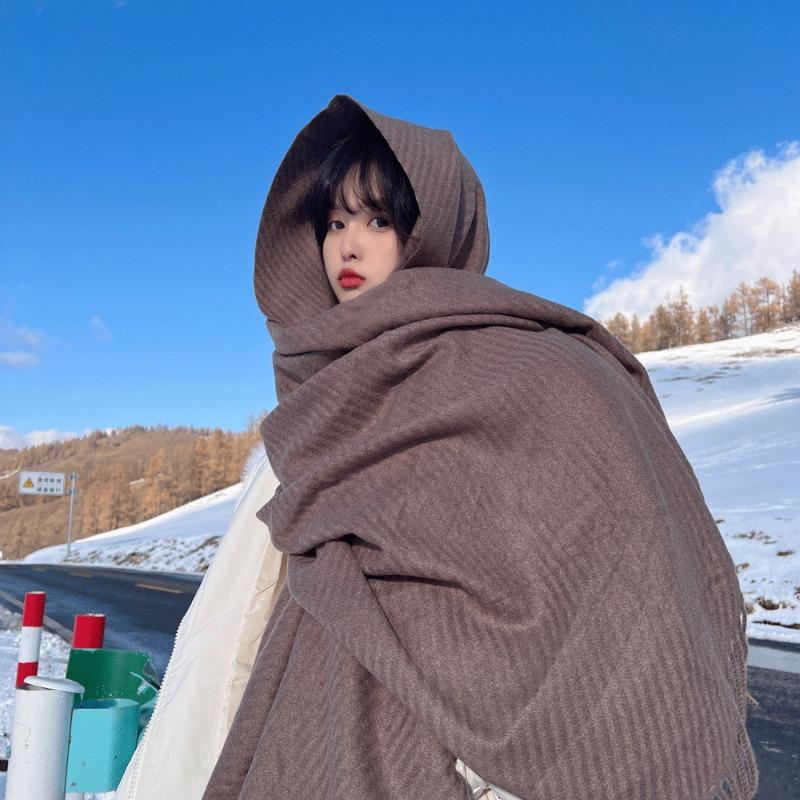 

Новая осенне-зимняя однотонная шерстяная шаль, высокое качество, увеличенный и утолщенный теплый шарф, универсальный студенческий длинный шарф 180