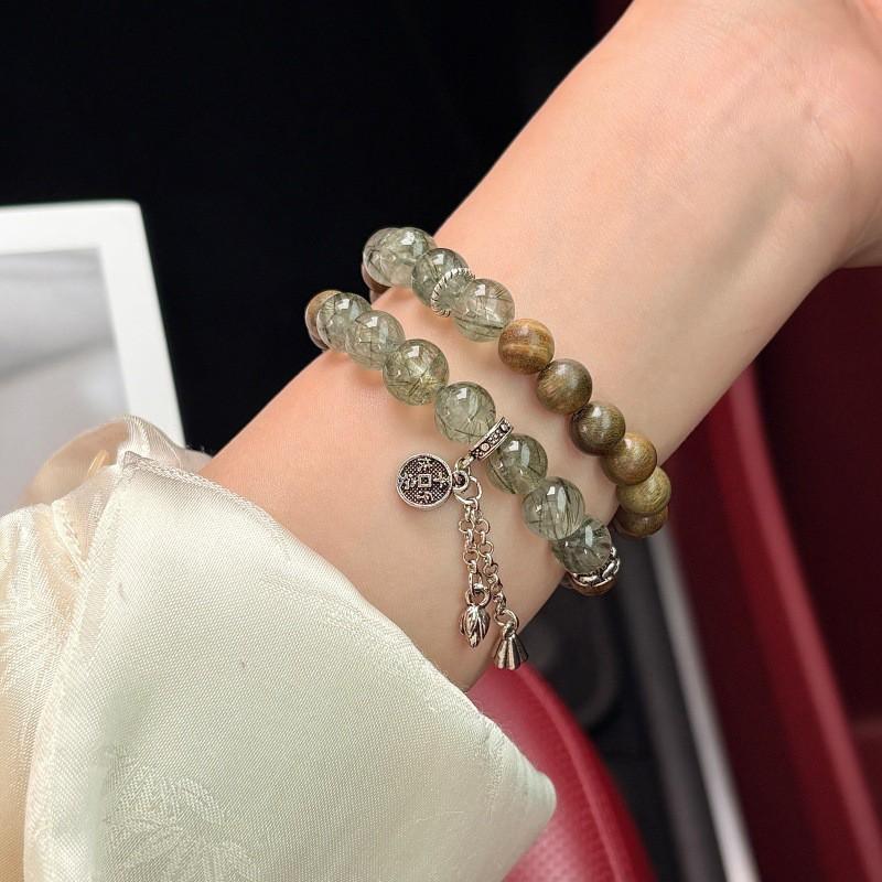 Handmade Green Rutilated Quartz Sandalwood Double Loop Bracelet Women New Chinese Style 8mm Beads Flowing Tassel Design
