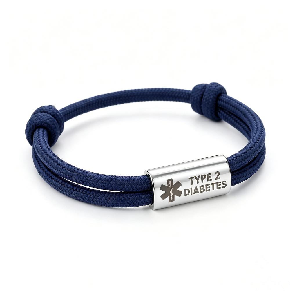 Bracciale Diabete di Tipo 2 Acciaio Inossidabile Barra Incisa Corda di Nylon Intrecciata Doppia per Uomo Donna