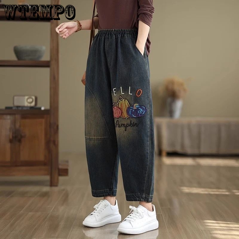 Dámské džíny s barevnou výšivkou Volné harémové kalhoty Elastické Plus size Retro džíny