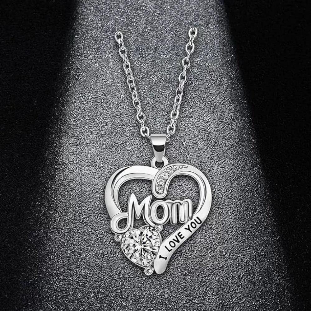 Hot Silvery Geometric Hollow Zircon Heart MOM Pendant Necklace Trendy Fashion Versatile Exquisite Mother's Day Gift Jewelry