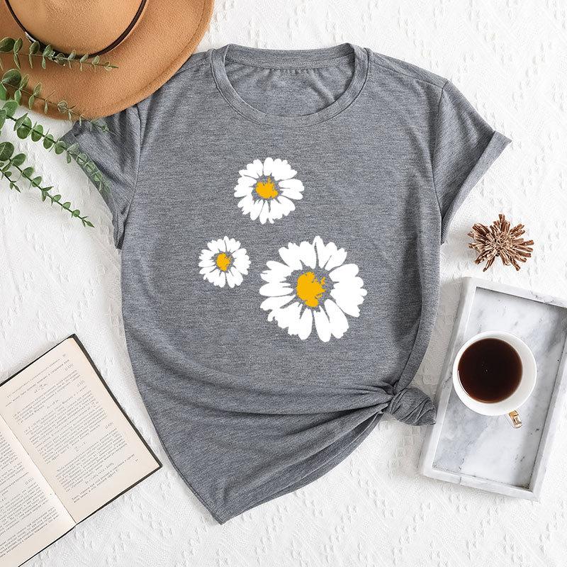 Sommer Damen T-Shirts mit Drei-Gänseblümchen-Print, locker, Rundhalsausschnitt, lässig, reine Baumwolle, kurzärmelig, Damen