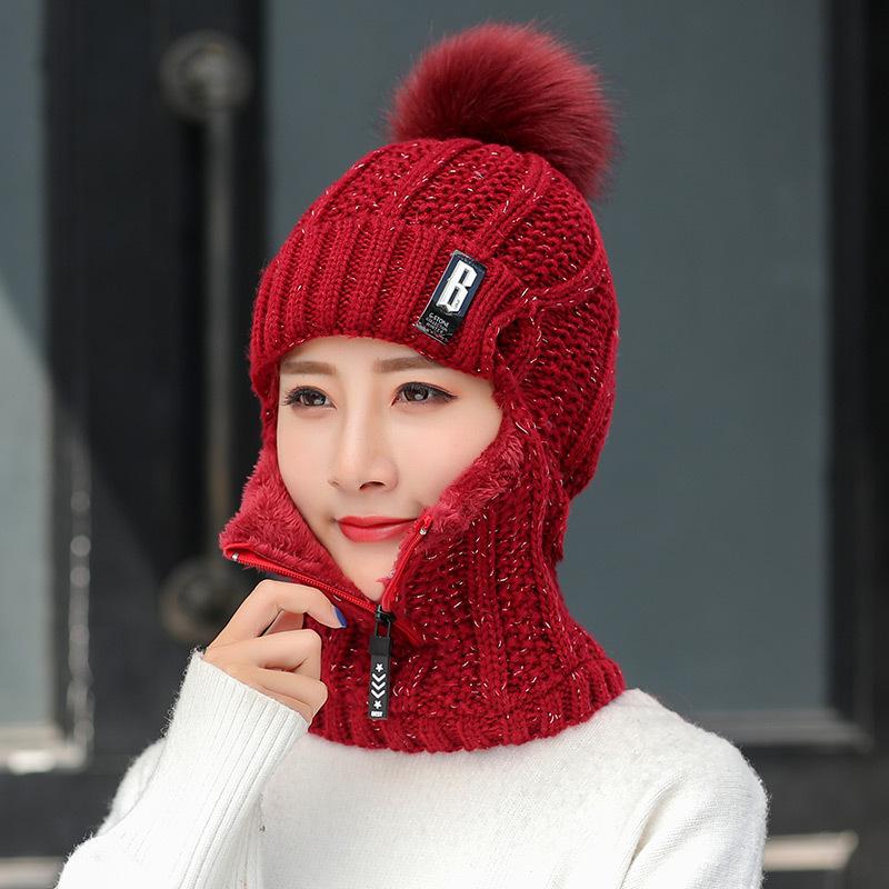 B standard one-piece hat women's winter warm knitted hat, damp velvet cold-proof cycling scarf integrated wool hat