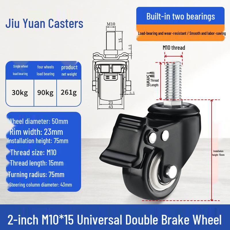 Black Heavy-Duty Swivel Casters with Brakes for Furniture, Cabinets & Industrial Use, Double Bearing Wheels