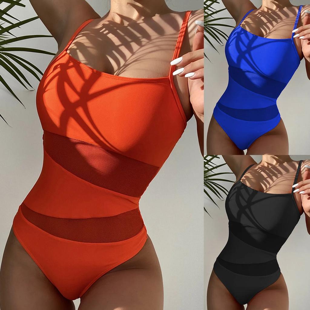 Color Bikini Swimsuit Casual Mesh Ladies Siamese Hollow Solid Swimwears Beachwear High Waist pool