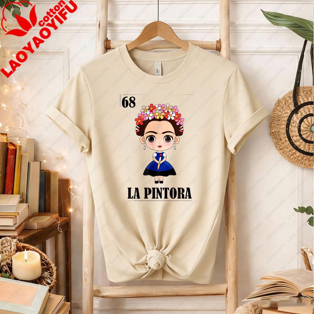 Cute Cartoons Chibi Frida Kahlo TShirt Mexican Artist Kawaii Graphic Tee Art Lover Gift Summer Clothes for Women Shortsleev