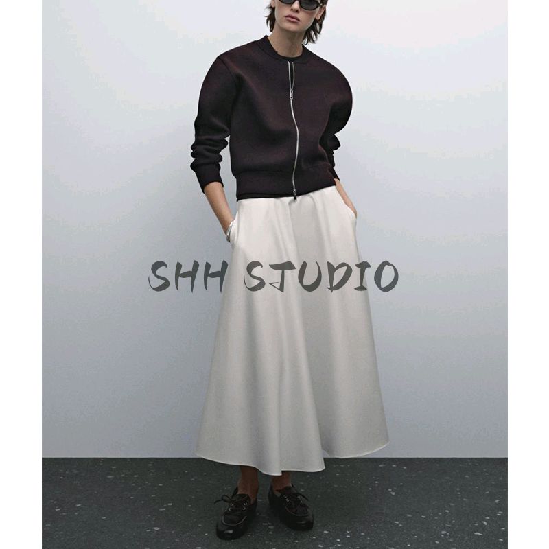 MD Spring and Summer Women's Clothing French Style All-Matching Cotton Blend Elegant Commute Style Wide Hem Midi Skirt 5286584
