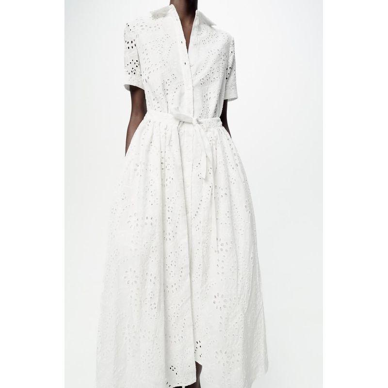 Spring New French Design Elegant Sweet Tie-Neck Waist Embroidered Shirt Style Dress 2614271