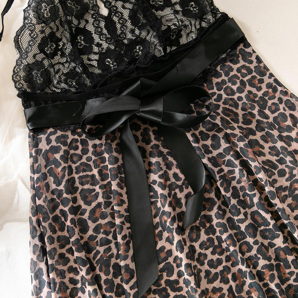 Lace Trim Leopard Print See-Through Patchwork Nightgown