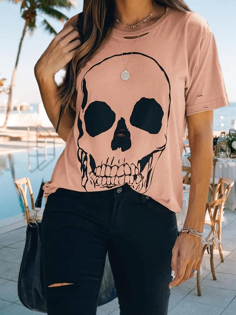 Women's Cotton Graphic T Shirt Skull Print Distressed Short Sleeve Loose Top