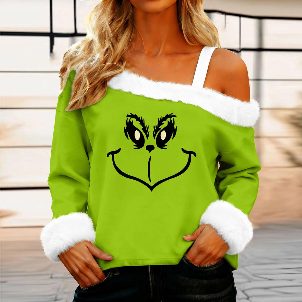 Women's Casual Fashion Sexy Off-Shoulder Collar Christmas Pattern Long Sleeve Crewneck T-Shirt Top