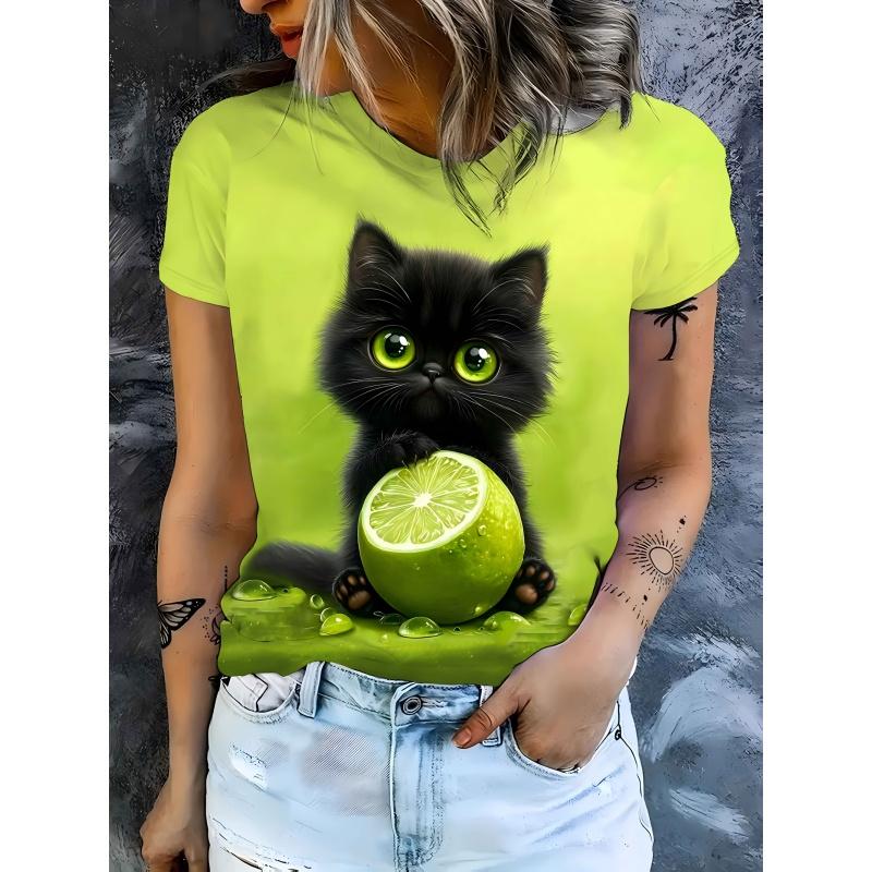 Cartoon Cat Dog Pattern T-Shirt For Women Fun Animal 3D Printed T Shirts Fashion Round Neck Casual Short Sleeve Loose Tees Tops