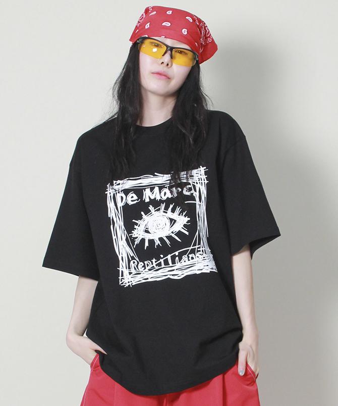 Deumakeu Oversized Square Print Short Sleeve T-Shirt Black