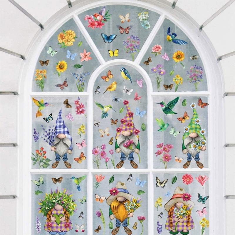 9 Sheets Spring Butterfly Gnomes Static Clings Window Sticker Decal for Bedroom Living Room Festival Home Decorations