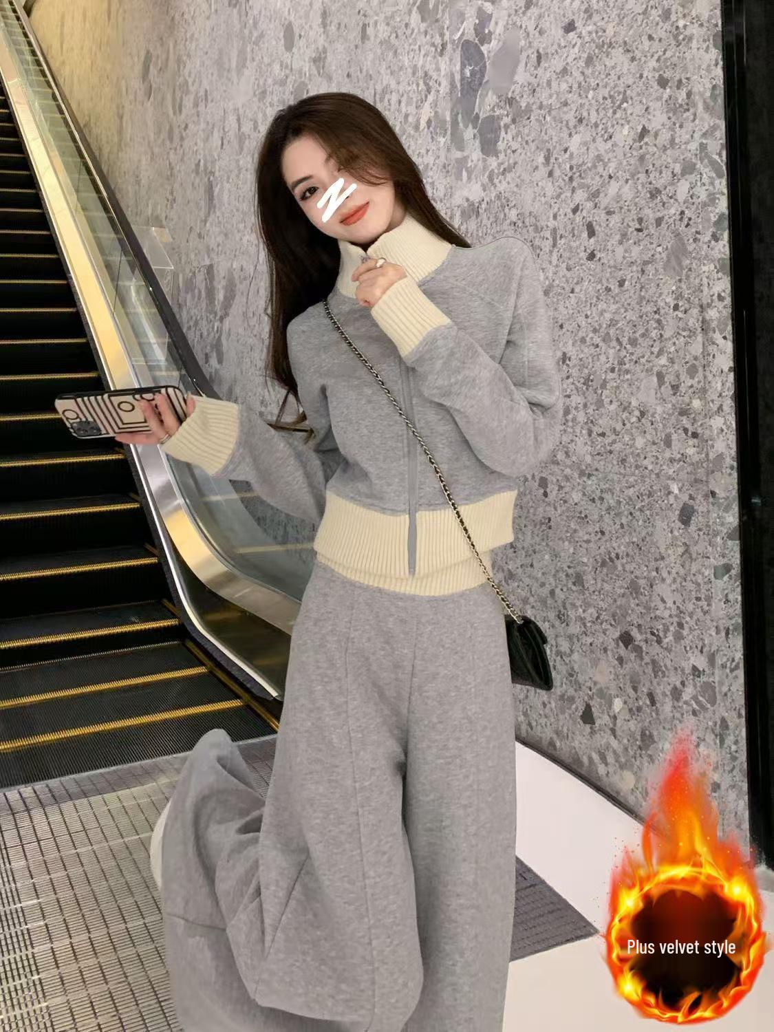 

Women s Autumn/Winter Fashion Set: Slim Stylish Velvet Hoodie & Wide-Leg Pants S серый