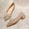 High Heels Women's New Temperament Shallow Mouth Rhinestone Pointed Bridesmaid Shoes Bow Thick Heel Single Shoes