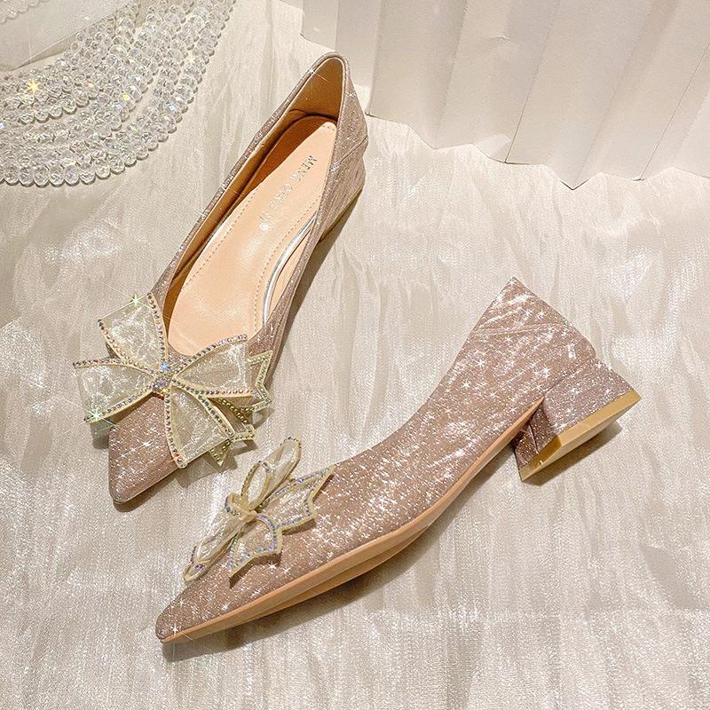 High Heels Women's New Temperament Shallow Mouth Rhinestone Pointed Bridesmaid Shoes Bow Thick Heel Single Shoes