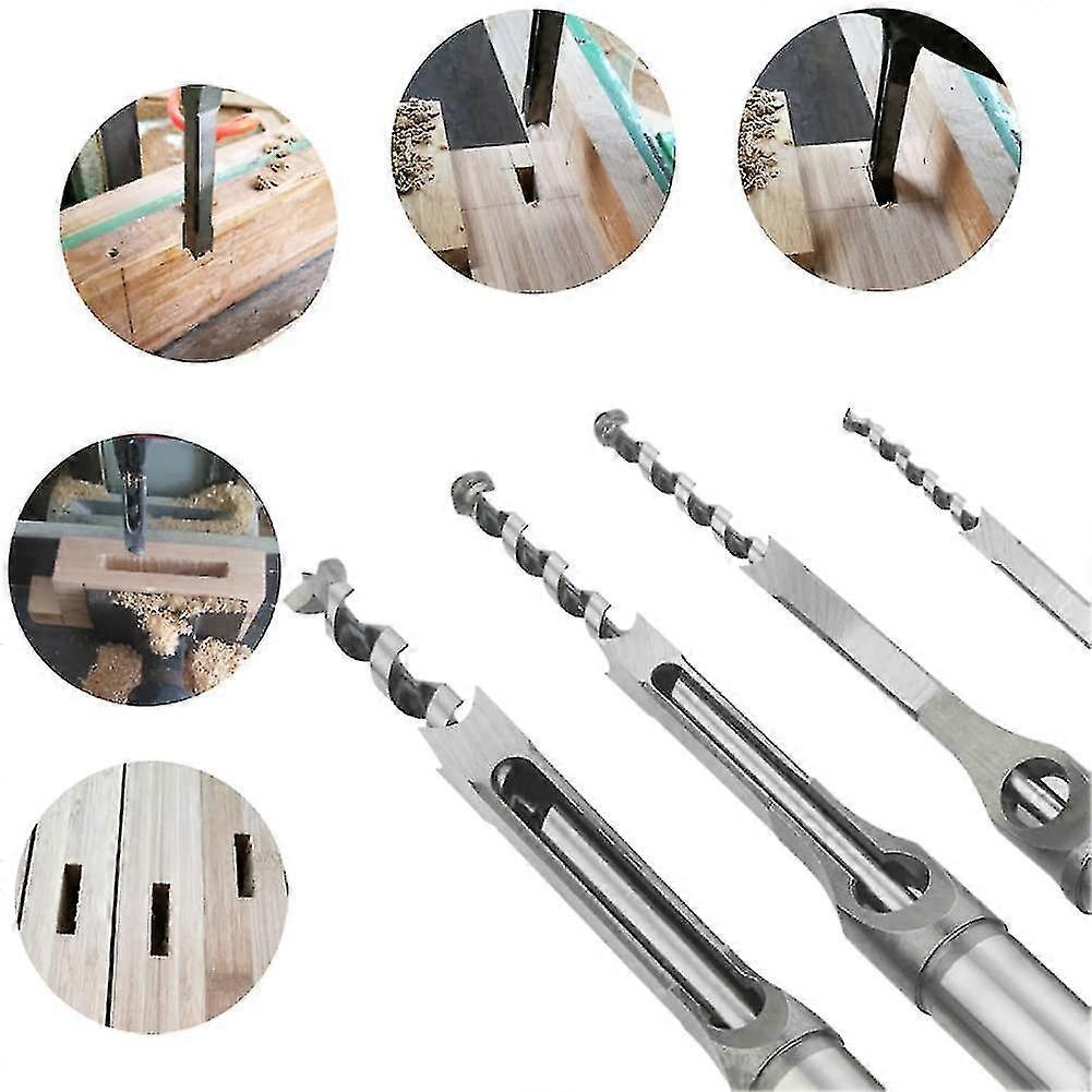 Square Hole Drill Bit, 4pcs Woodworking Mortiser Square Drill Bits, Spiral Drill Bits Kits Mortise Press, Wood Drill Set Space Hole Drill (6.4 Mm / 8