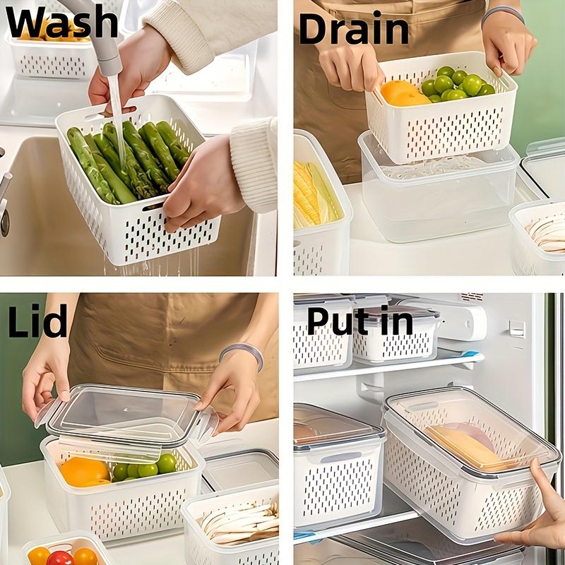 3pcs Plastic Food Storage Container Set with Drainage Basket and Lids-Leakproof,Fridge-Safe,Reusable Kitchen Organizer for Fruits,Vegetables,and Food
