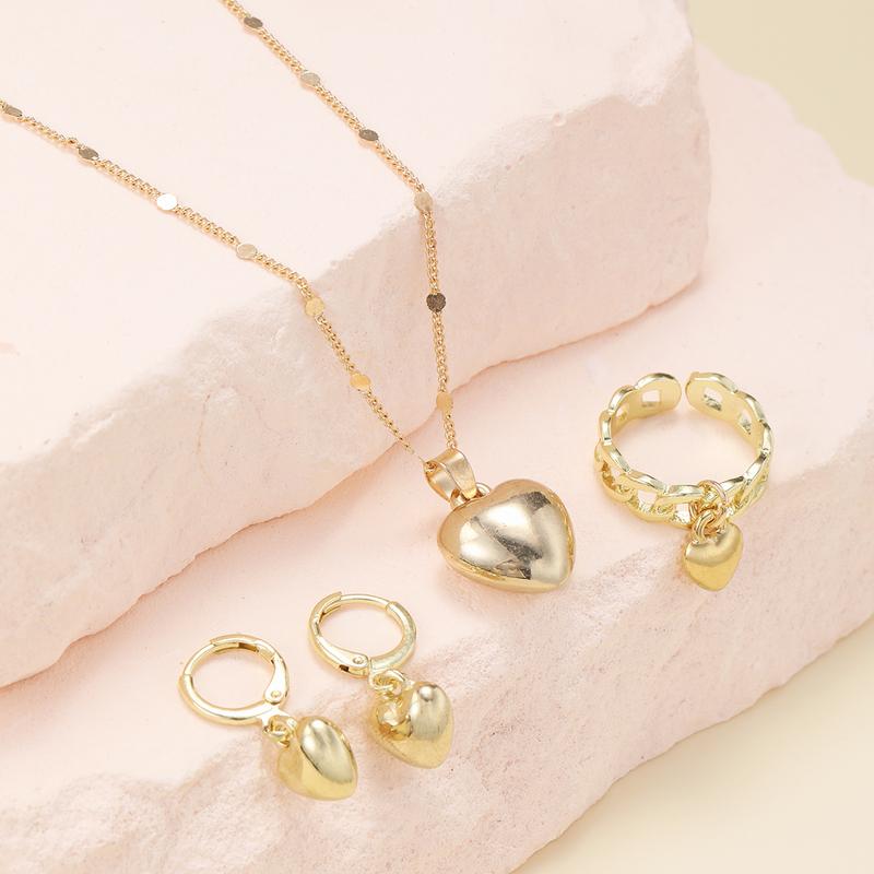4Pcs/Set Vintage Love Heart Pendant Necklace Ring Hoop Earring for Women Simple Gold Color Smooth Jewelry Set Elegant Party Gift