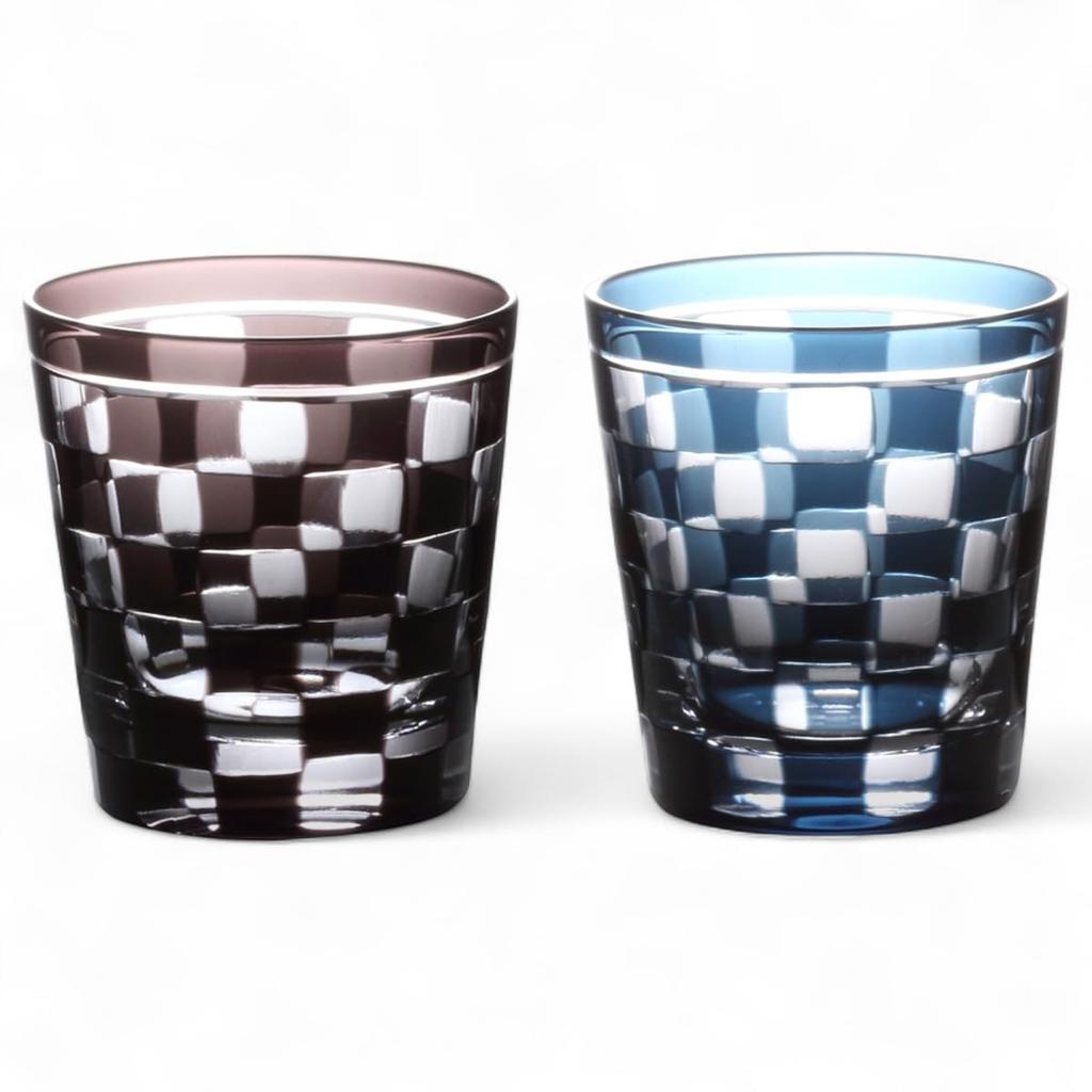 Mizukage Kiriko Pair of Rocks Checkered Purple Ink Bisho Current Model J-kitchens Glasses, 85xH90mm, 260cc, & Blue,