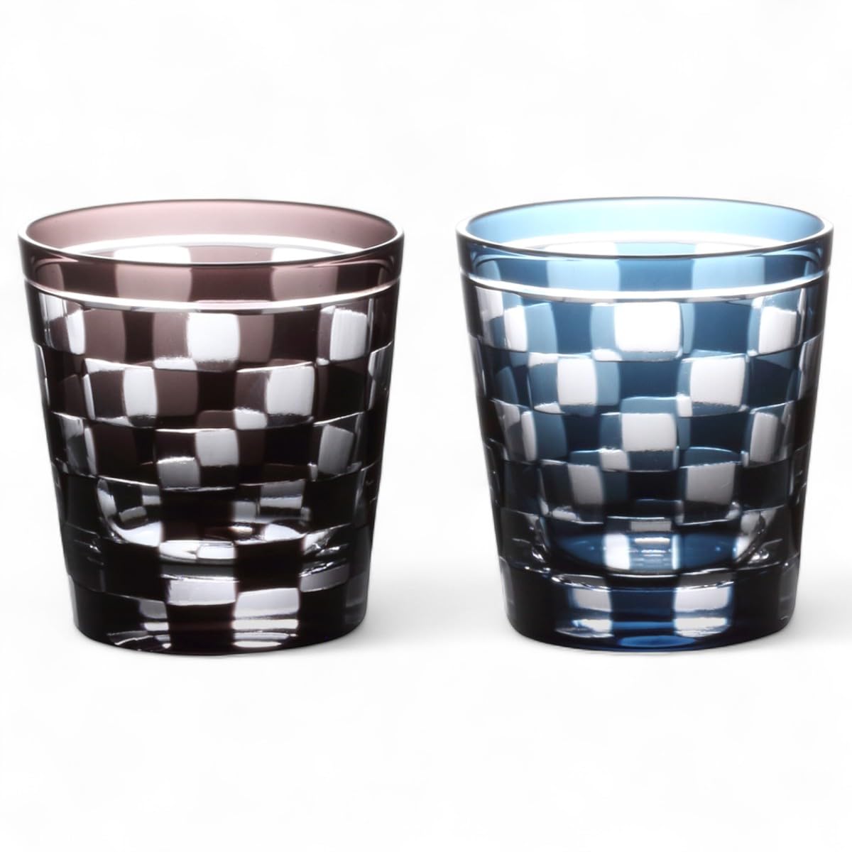 

Mizukage Kiriko Pair of Rocks Checkered Purple Ink Bisho Current Model J-kitchens Glasses, 85xH90mm, 260cc, & Blue,