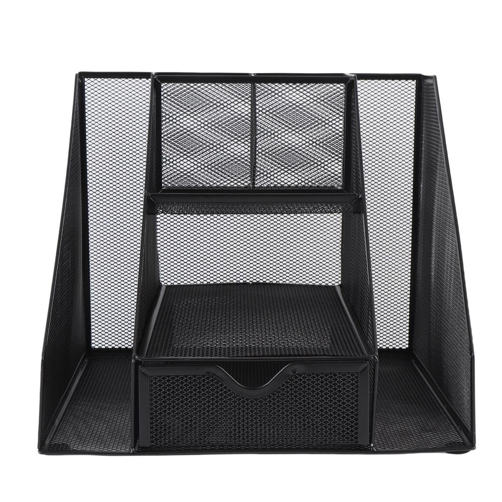 Metal Mesh Desktop Organizer Iron Vertical Storage Basket with Drawer Letter Box Pen Holder Office Supplies Black