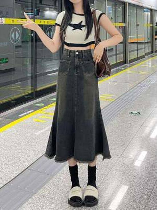 

Женская джинсовая миди-юбка А-силуэта с высокой талией, Осень 2024 XL