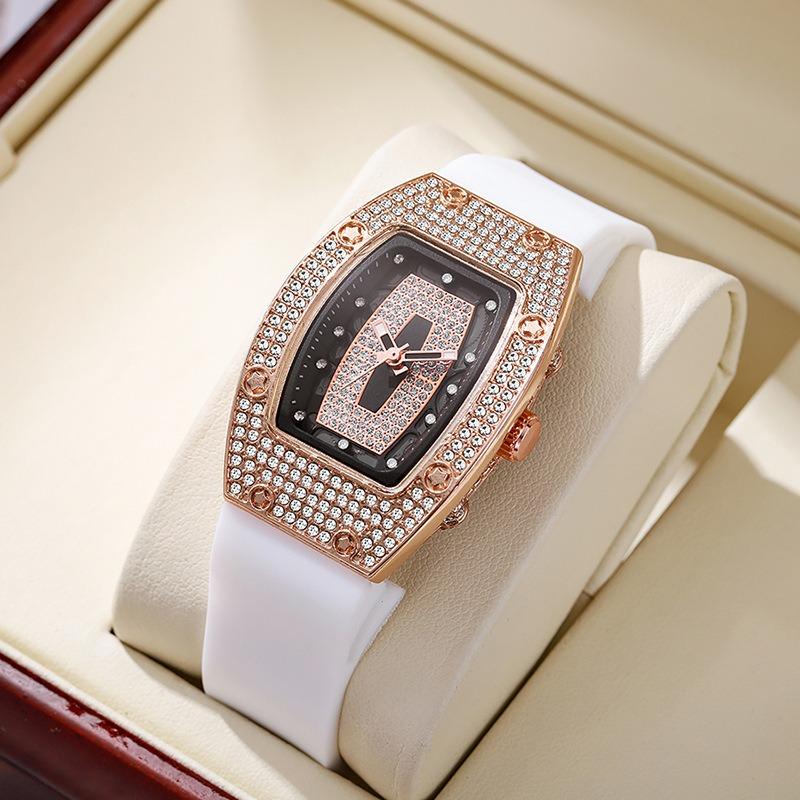 Reloj de mujer con correa de cuarzo incrustada de diamantes en forma de barril, tendencia de moda, temperamento, reloj de mujer, reloj de silicona