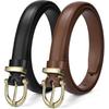 2 Pack Women Leather Belt for Jeans Pants Dresses Fashion Thin Ladies Waist Belts with Gold Pin Buckle