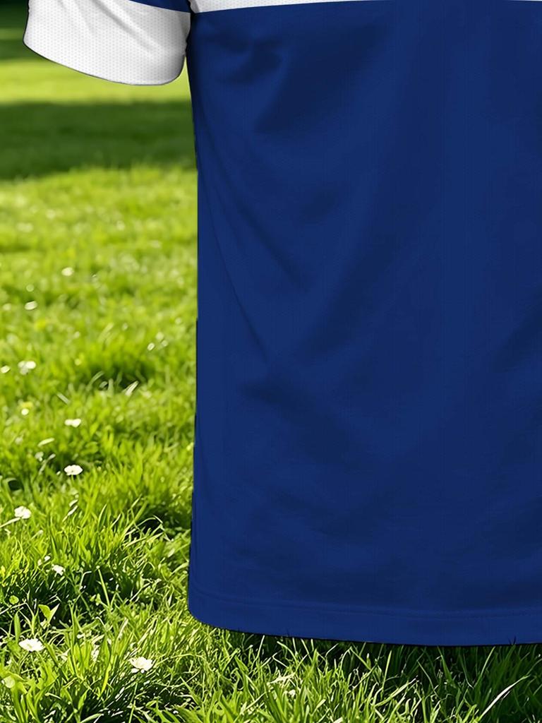 Men's Outdoor Polo Shirt, Available in Multiple Sizes, Featuring a White and Blue Color-blocked Horizontal Stripe Patchwork, with Double Stripe