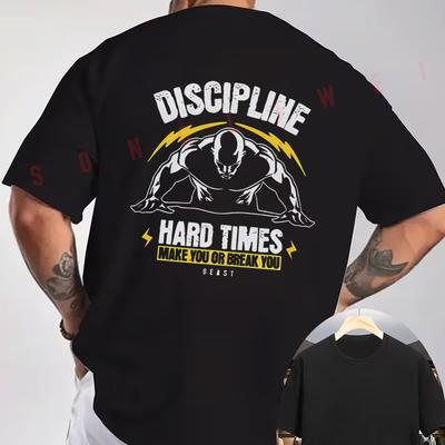 DISCIPLINE Hardcore Fitness Graphic Motorcycle T-Shirt Back Print Men's Short Sleeve O-neck Sum
