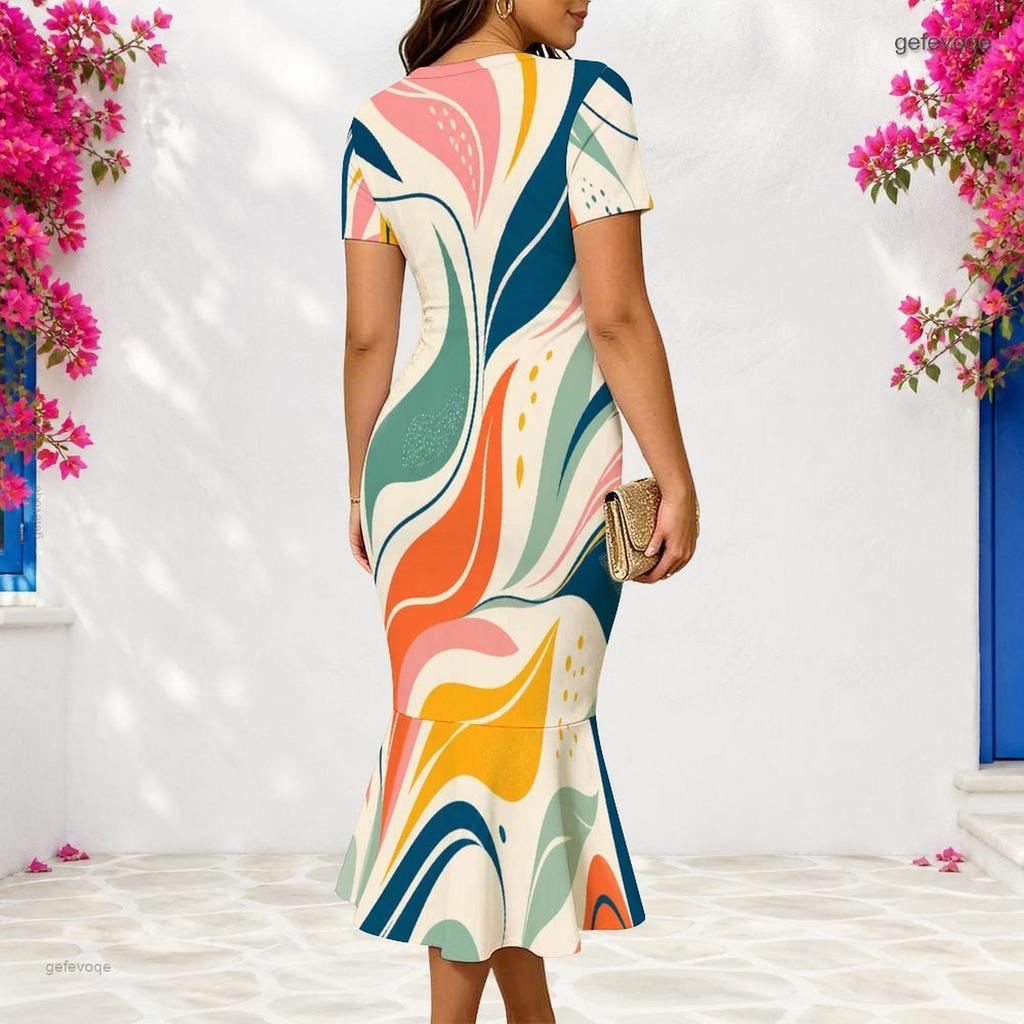 Women Plus Size V Neck Short Sleeve Abstract Printed Fitted Fishtail Dress
