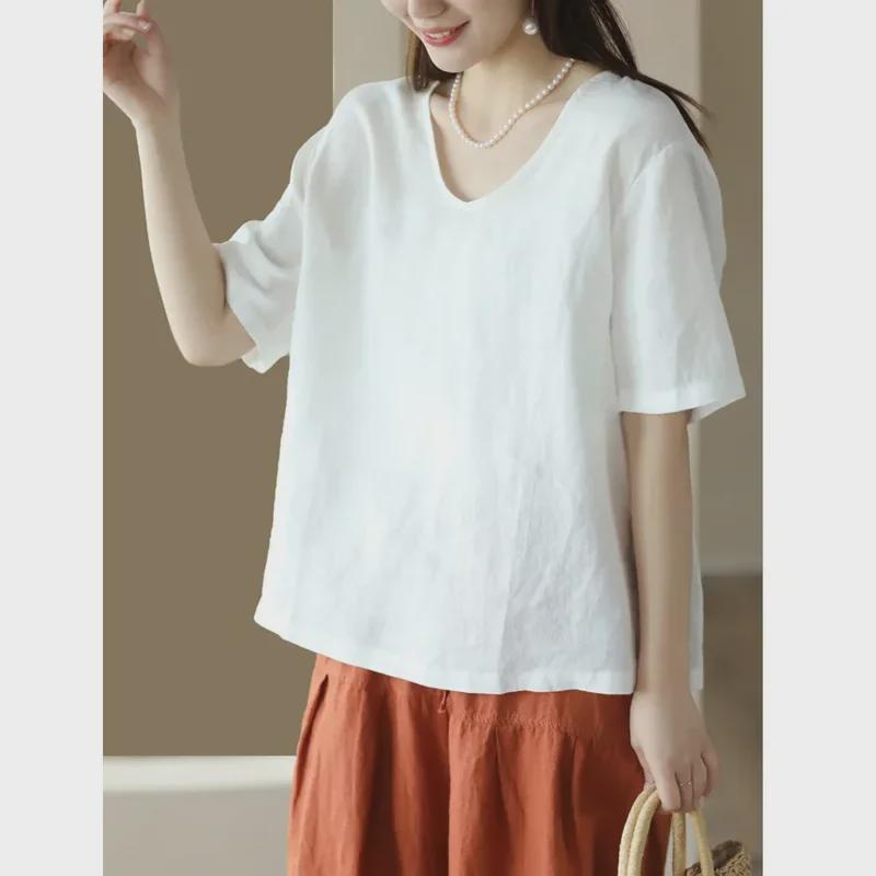 Women's Retro Cotton & Linen V-Neck Short-Sleeve Slim Pullover Top