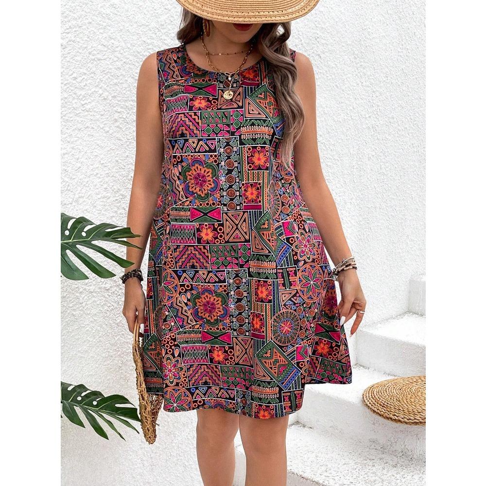 Summer Fashionable Ladies Breathable Soft Flowers O-Neck Sleeveless Dress Loose Comfortable Large Size Vacation Versatile Casual Dress