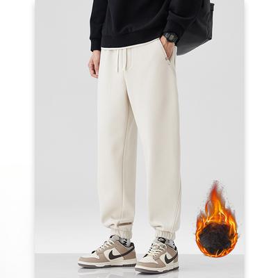 Calças Casuais Espessas de Lã de Inverno para Homem com Punho na Barra Cor Sólida Calças Longas