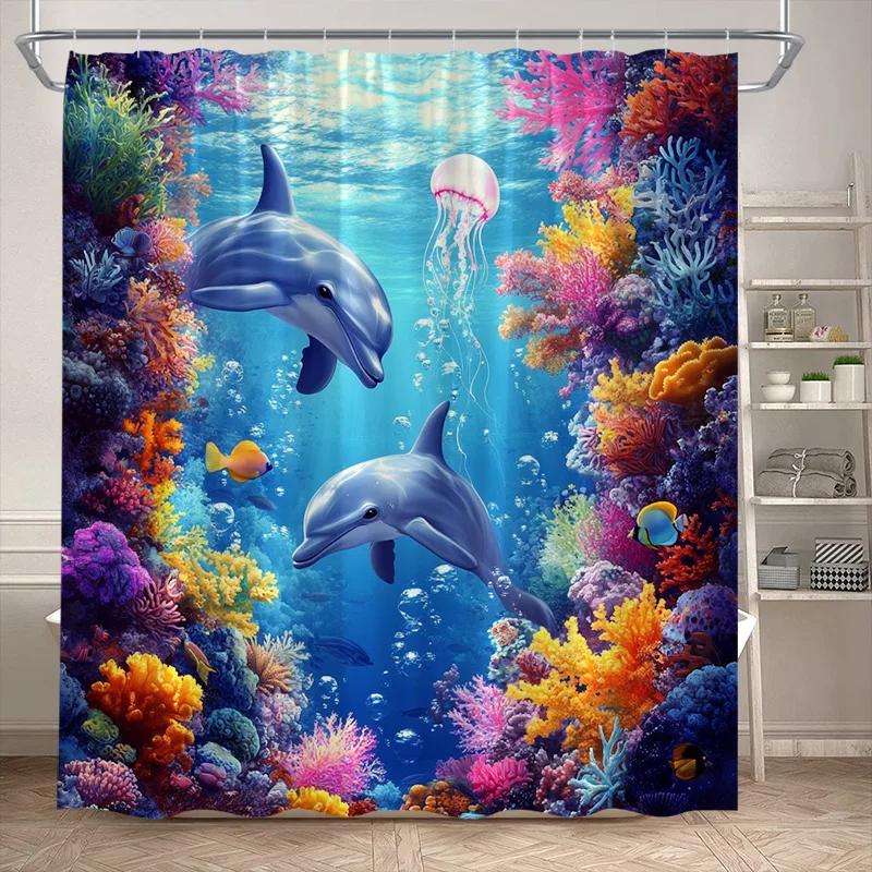 VIKAMA Underwater World Theme Shower Curtain - Waterproof and Mold-Resistant Bathroom Partition Curtain for Home Decoration