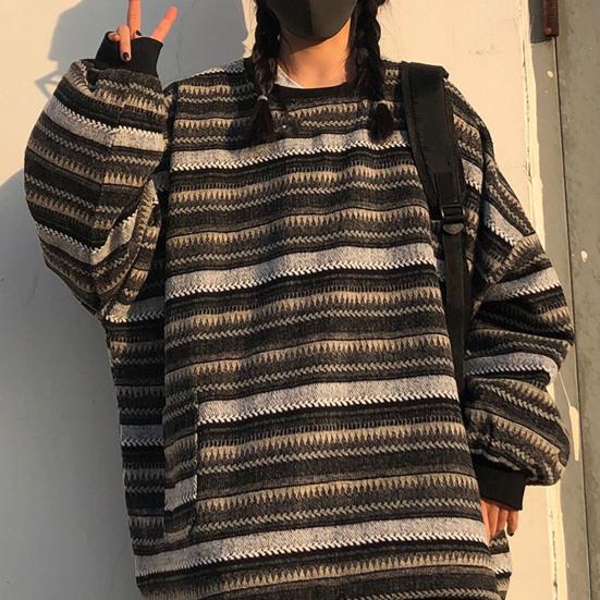 Women Sweater Stripe Vintage Style Slouchy Oversized Fall Sweater for Daily Wear