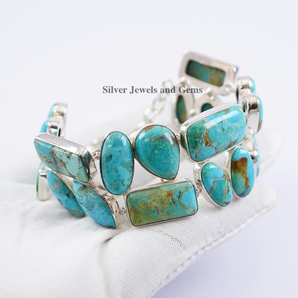 Natural Arizona Turquoise Bracelet, 925 Sterling Silver Bracelet, 2 Line Cluster Bracelet, Multi Stone Bracelet, Engagement Bracelet