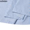 VONDA Women Summer Off Shoulder  Puff Short Sleeve Striped Ruffle Solid Color Loose Blouses