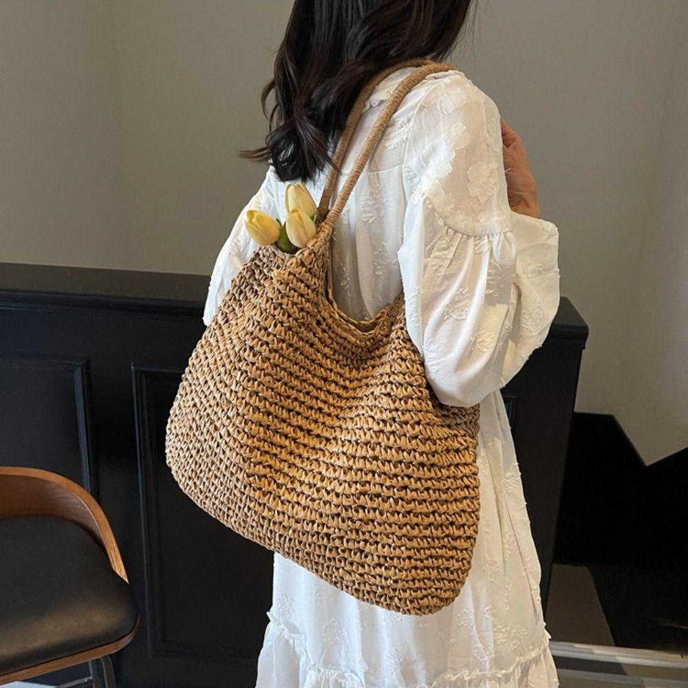 Breathable Weave Tote Bag Hollow Out Women Shopping Handbag Fashion Straw Shoulder Bag Travel