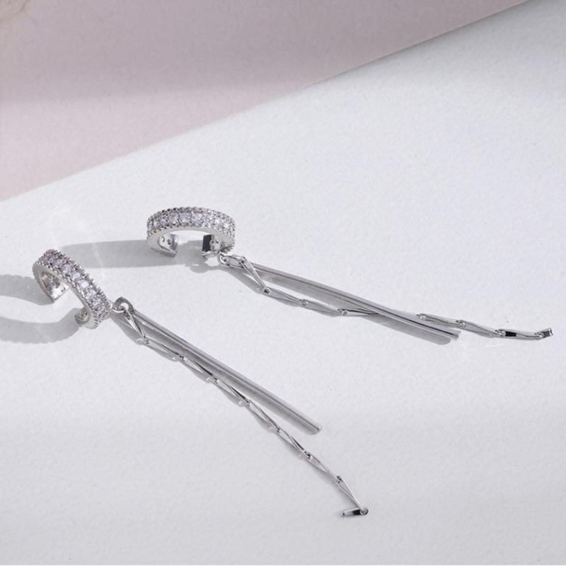 Classic Zircon Tassel Ear Bone Clip Sparkling C-Shaped Non Perforated Rhinestone Fashionable Design Earrings Women Party Jewelry