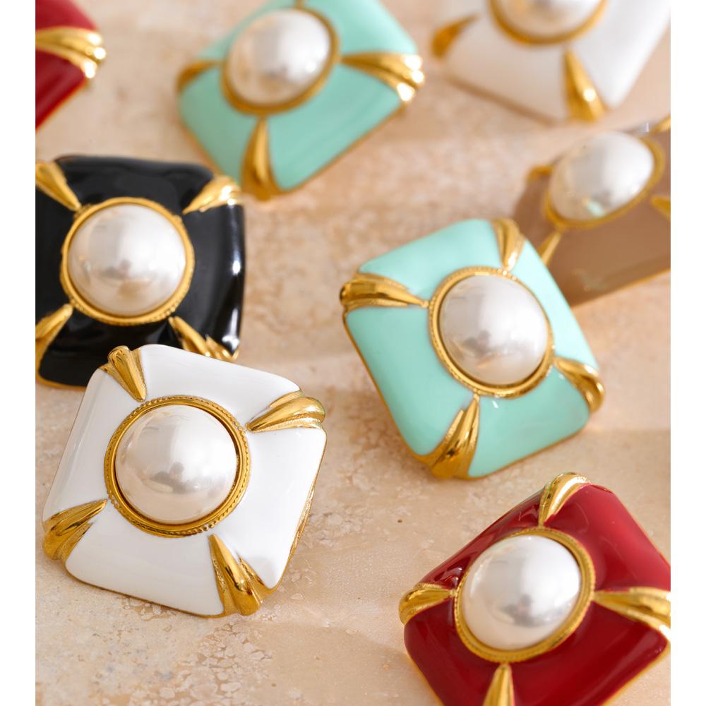 Yhpup Multi-Color Enamel Simulated Pearls Square Stud Earrings Stainless Steel Daily Wear Fashion Spring Jewelry Waterproof Gift