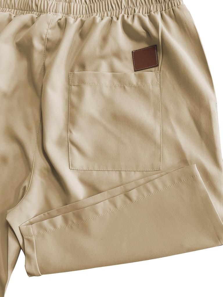 Men's Solid-color Suit Shorts with Leather Label Drawstring Casual Multi-pocket Capre Shorts