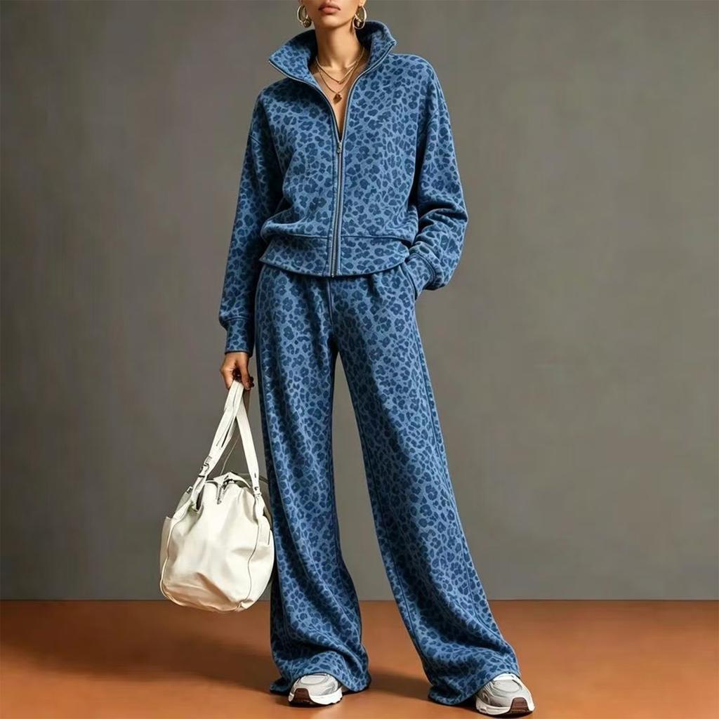 Women's Leopard Print Two-Piece Set with Zip-Up Stand Collar Top and Wide Leg Pants