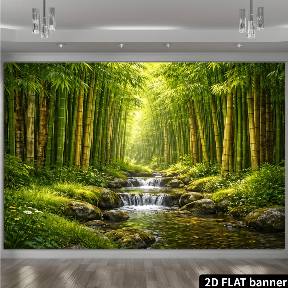 Zielony Las Bambusowy Strumień Natura Gobelin Zen Krajobraz Wiszący na Ścianę Wystrój Studio Jogi Spokojny Widok Tkanina Plakat Sztuka 2D Płaski