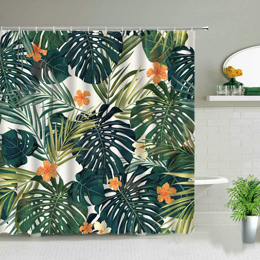 Juego De Cortinas De Ducha Con Gancho De 72 X 72 Pulgadas, Hojas De Plantas Tropicales De Playa De Verano, Tela Lavable, Tela De Poliéster + Cortina, Cortinas De Baño Impermeables