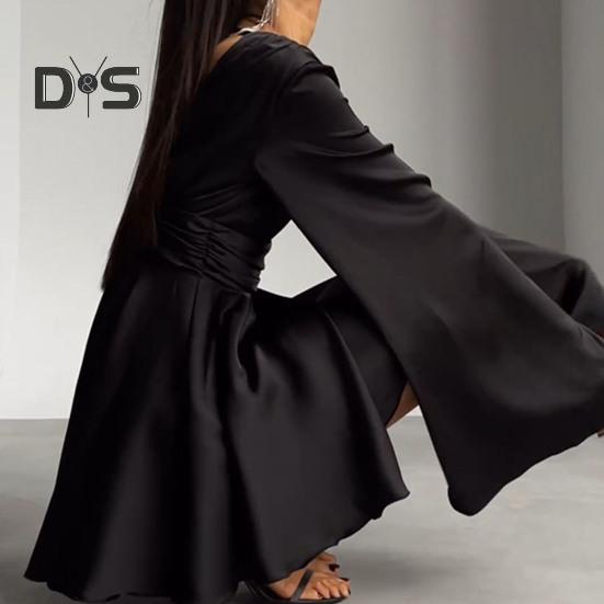 Rochie mini din satin de damă, cu mânecă lungă evazată, cu decolteu în V adânc, rochie scurtă, în linie A, cu talie înaltă, fluidă, pentru petrecerea de cocktail în club