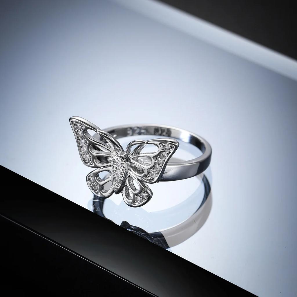 Fashion Female Ring  Stamp Silver Hollown-out Animal Butterfly Mosaic Cubic Zircon Wedding Rings for Women